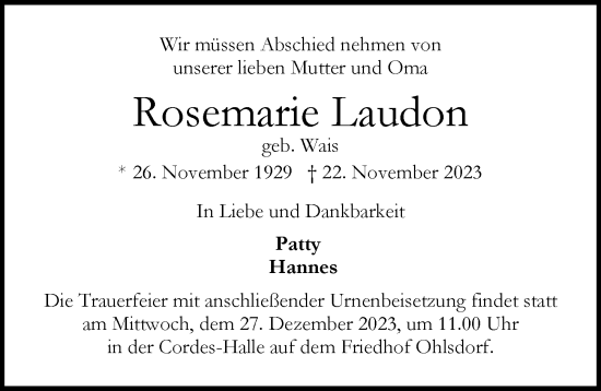 Traueranzeige von Rosemarie Laudon von Hamburger Abendblatt