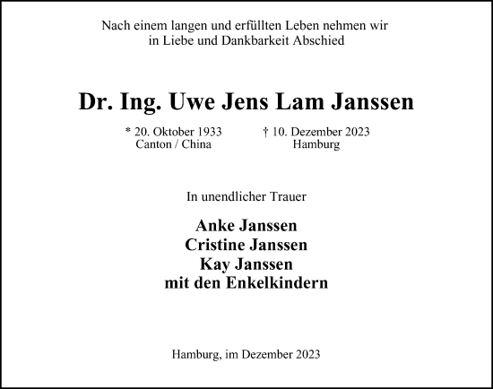 Traueranzeige von Uwe Jens Lam Janssen von Hamburger Abendblatt