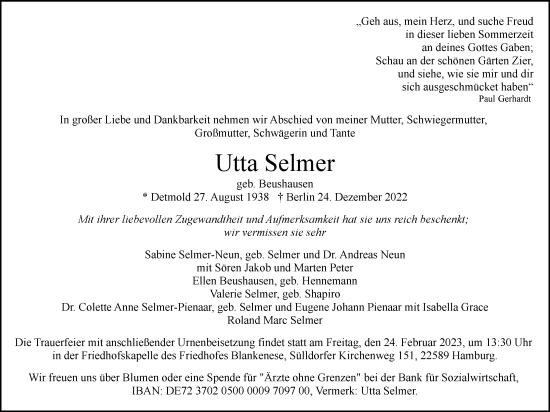 Traueranzeige von Utta Selmer von Hamburger Abendblatt