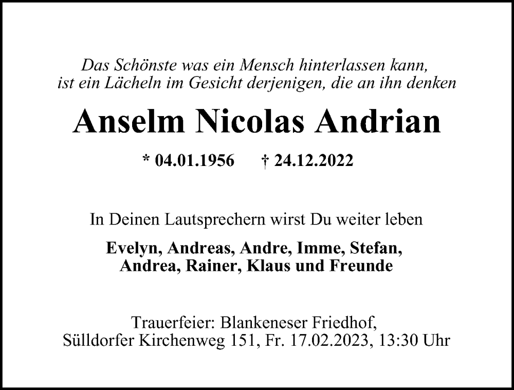  Traueranzeige für Anselm Nicolas Andrian vom 11.02.2023 aus Hamburger Abendblatt