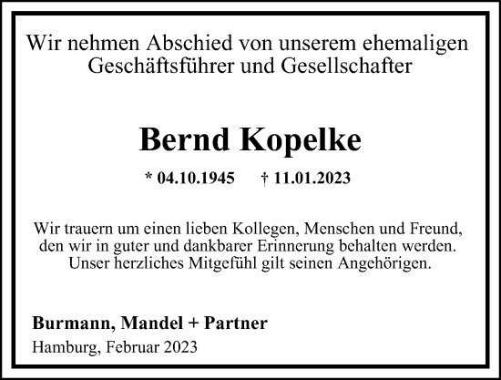 Traueranzeige von Bernd Kopelke von Hamburger Abendblatt