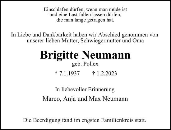 Traueranzeige von Brigitte Neumann von Niendorfer Wochenblatt