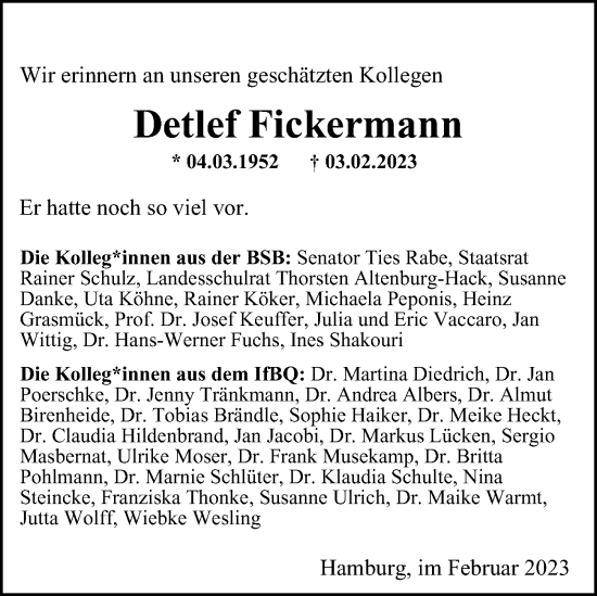 Traueranzeige von Detlef Fickermann von Hamburger Abendblatt