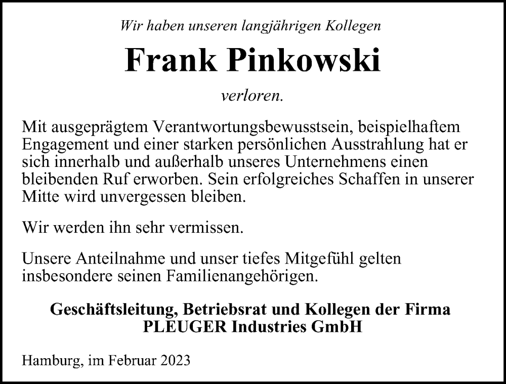  Traueranzeige für Frank Pinkowski vom 25.02.2023 aus Hamburger Abendblatt