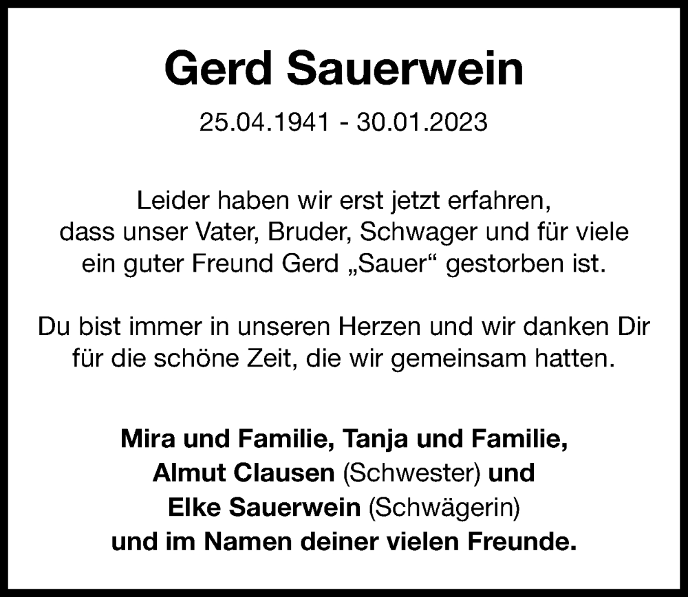  Traueranzeige für Gerd Sauerwein vom 18.02.2023 aus Hamburger Abendblatt