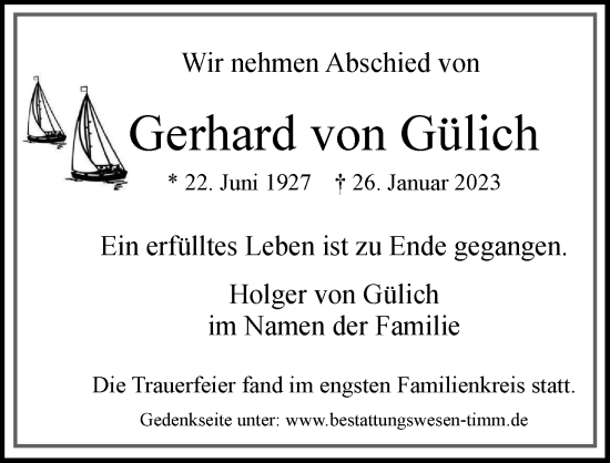 Traueranzeige von Gerhard von Gülich von Hamburger Abendblatt