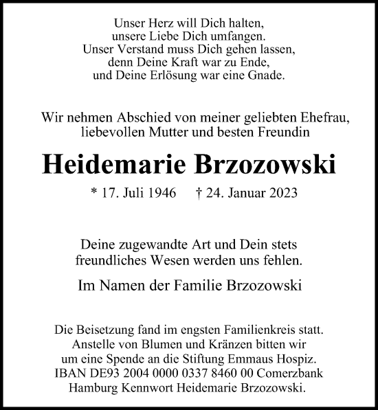 Traueranzeige von Heidemarie Brzozowski von Hamburger Abendblatt