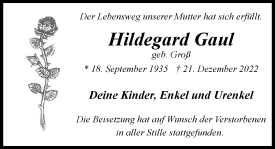 Traueranzeige von Hildegard Gaul von Hamburger Abendblatt