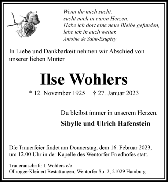 Traueranzeige von Ilse Wohlers von Bergedorfer Zeitung