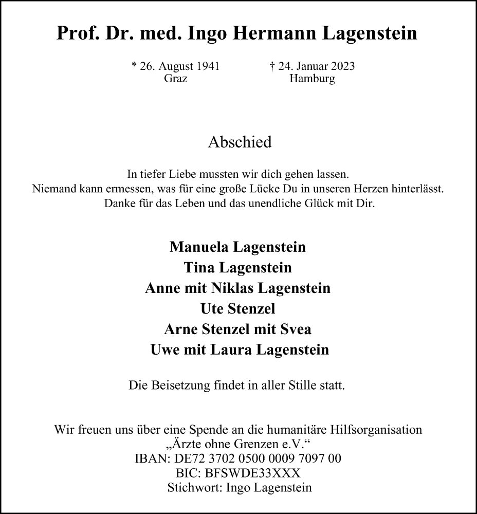  Traueranzeige für Ingo Hermann Lagenstein vom 11.02.2023 aus Hamburger Abendblatt