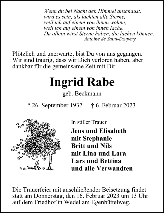 Traueranzeige von Ingrid Rabe von Hamburger Abendblatt