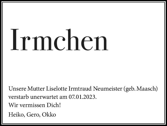 Traueranzeige von Irmtraud Neumeister von Bergedorfer Zeitung