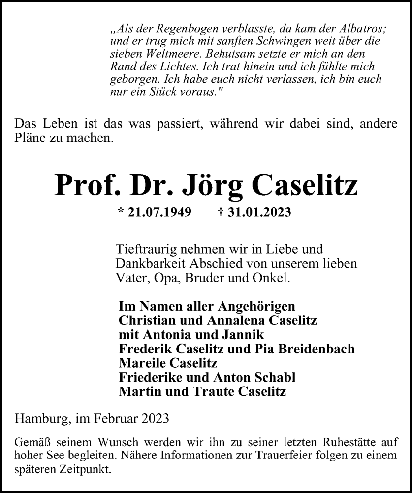  Traueranzeige für Jörg Caselitz vom 09.02.2023 aus Hamburger Abendblatt