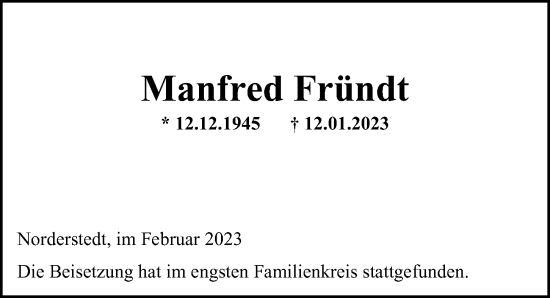 Traueranzeige von Manfred Fründt von Hamburger Abendblatt