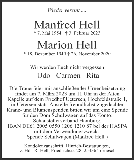Traueranzeige von Marion Hell von Hamburger Abendblatt