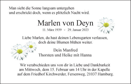 Traueranzeige von Marlen von Deyn von Bergedorfer Zeitung