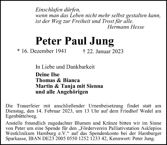 Traueranzeige von Peter Paul Jung von Hamburger Abendblatt