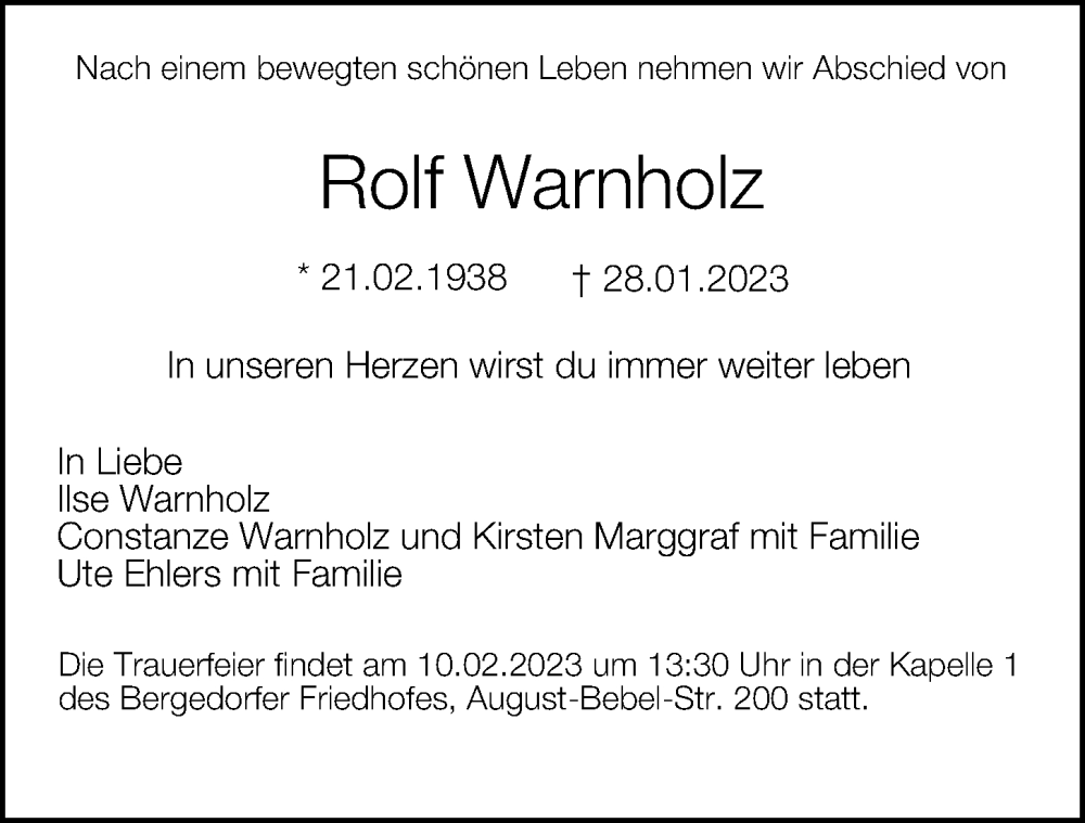 Traueranzeige für Rolf Warnholz vom 04.02.2023 aus Bergedorfer Zeitung