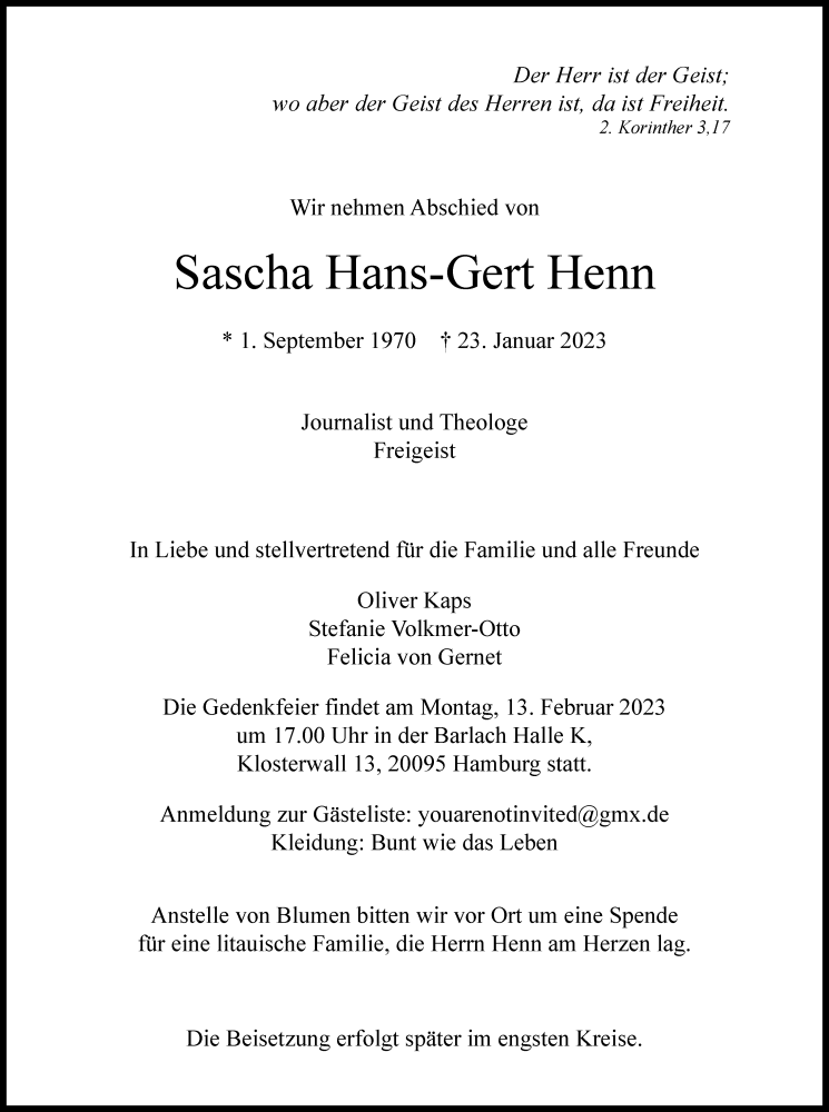  Traueranzeige für Sascha Hans-Gert Henn vom 04.02.2023 aus Hamburger Abendblatt