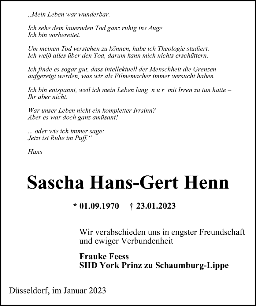  Traueranzeige für Sascha Hans-Gert Henn vom 04.02.2023 aus Hamburger Abendblatt