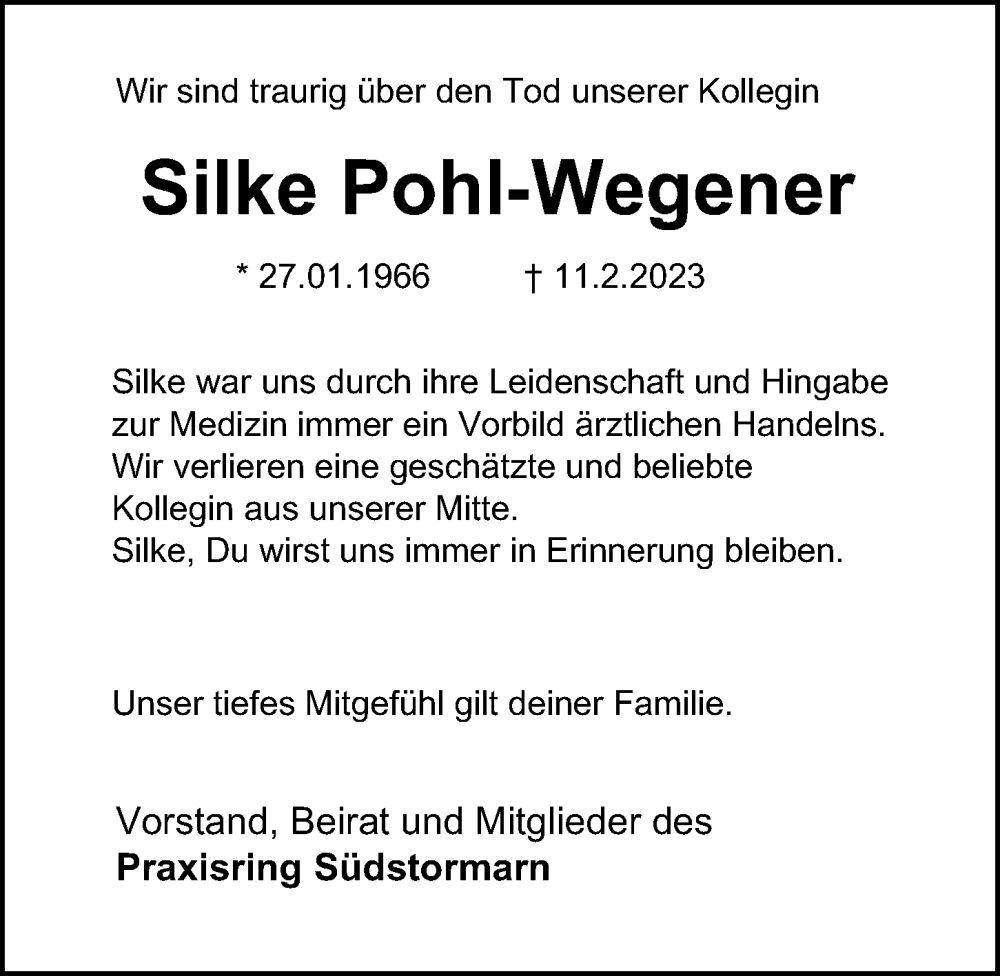  Traueranzeige für Silke Pohl-Wegener vom 18.02.2023 aus Bille Wochenblatt, Bergedorfer Zeitung