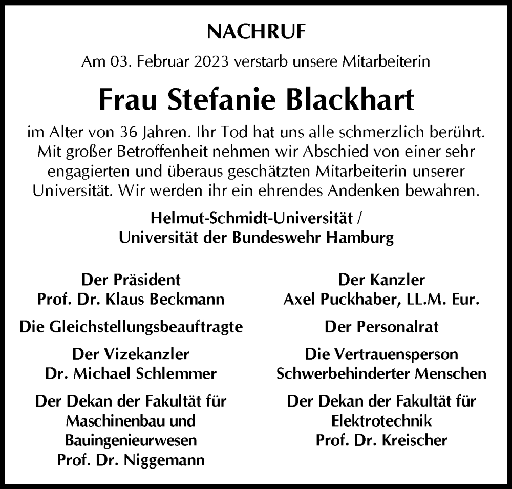  Traueranzeige für Stefanie Blackhart vom 14.02.2023 aus Hamburger Abendblatt