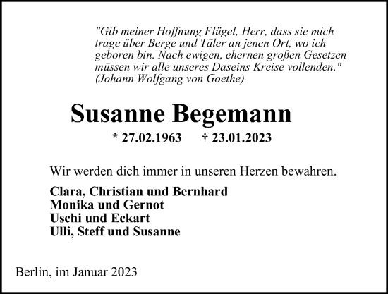 Traueranzeige von Susanne Begemann von Hamburger Abendblatt