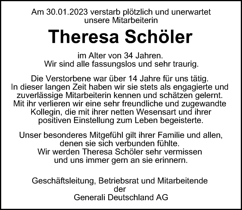  Traueranzeige für Theresa Schöler vom 08.02.2023 aus Hamburger Abendblatt