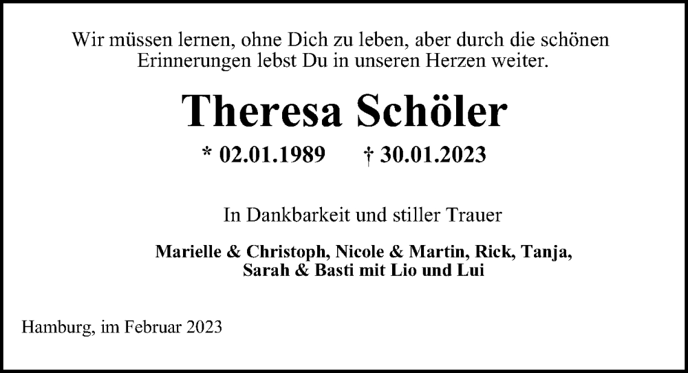  Traueranzeige für Theresa Schöler vom 08.02.2023 aus Hamburger Abendblatt