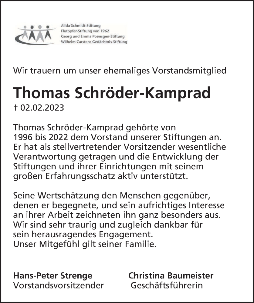  Traueranzeige für Thomas Schröder-Kamprad vom 11.02.2023 aus Hamburger Abendblatt