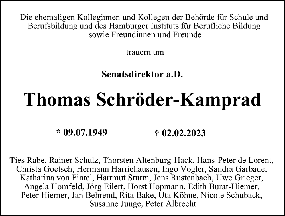  Traueranzeige für Thomas Schröder-Kamprad vom 18.02.2023 aus Hamburger Abendblatt
