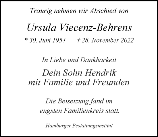Traueranzeige von Ursula Viecenz-Behrens von Hamburger Abendblatt