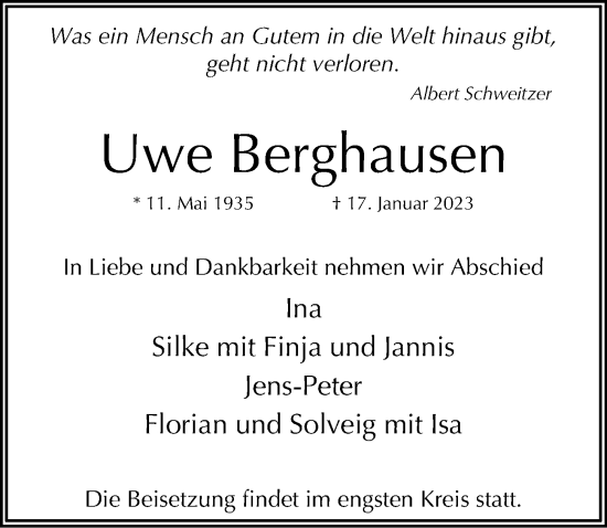 Traueranzeige von Uwe Berghausen von Hamburger Abendblatt