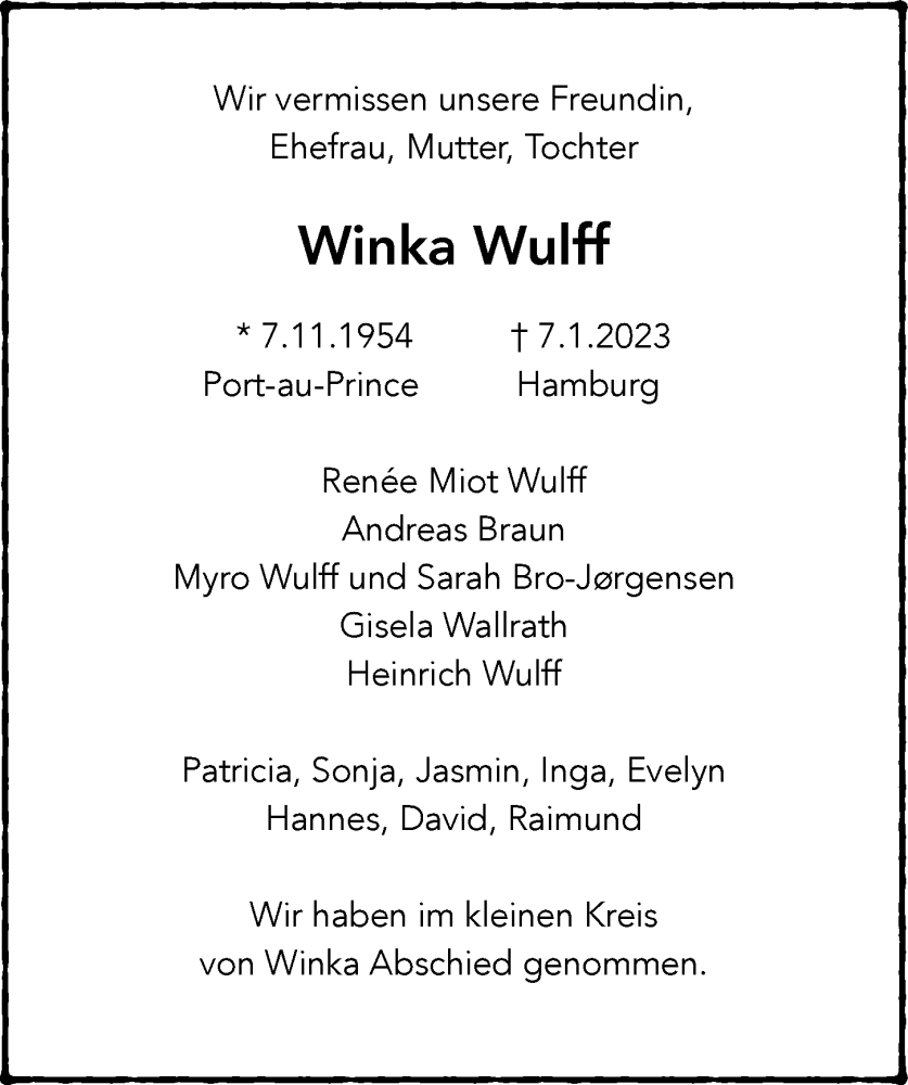  Traueranzeige für Winka Wulff vom 11.02.2023 aus Hamburger Abendblatt