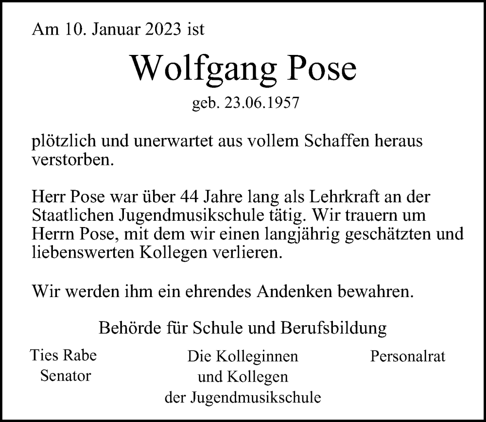  Traueranzeige für Wolfgang Pose vom 18.02.2023 aus Hamburger Abendblatt