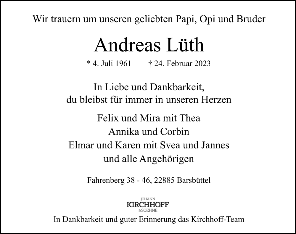 Traueranzeige für Andreas Lüth vom 11.03.2023 aus Hamburger Abendblatt