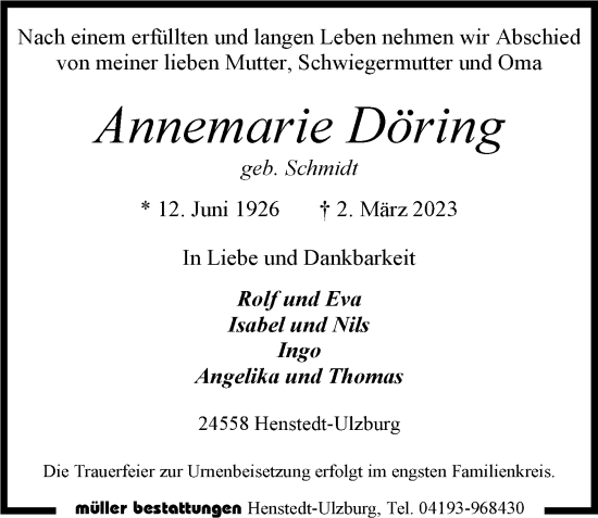 Traueranzeige von Annemarie Döring von Hamburger Abendblatt