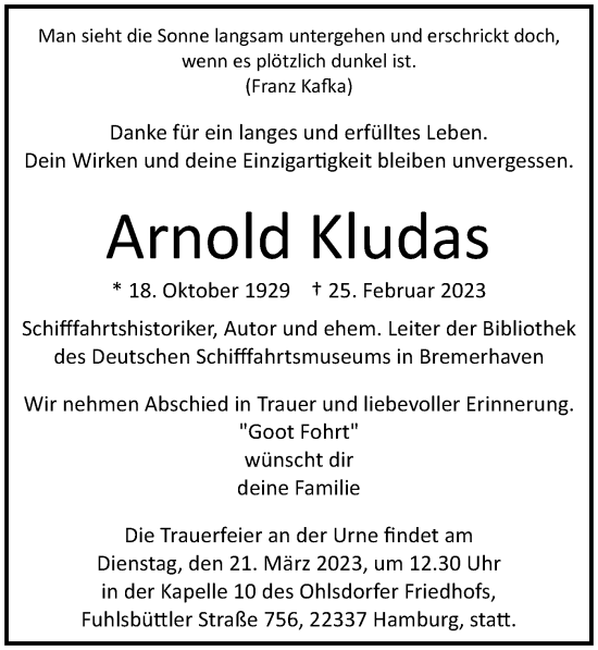 Traueranzeige von Arnold Kludas von Hamburger Abendblatt