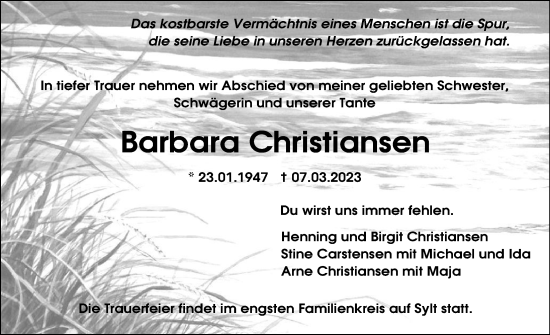 Traueranzeige von Barbara Christianserr von Hamburger Abendblatt