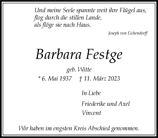 Traueranzeige von Barbara Festge von Hamburger Abendblatt