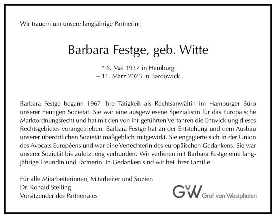 Traueranzeige von Barbara Festge von Hamburger Abendblatt