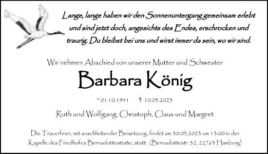 Traueranzeige von Barbara König von Hamburger Abendblatt