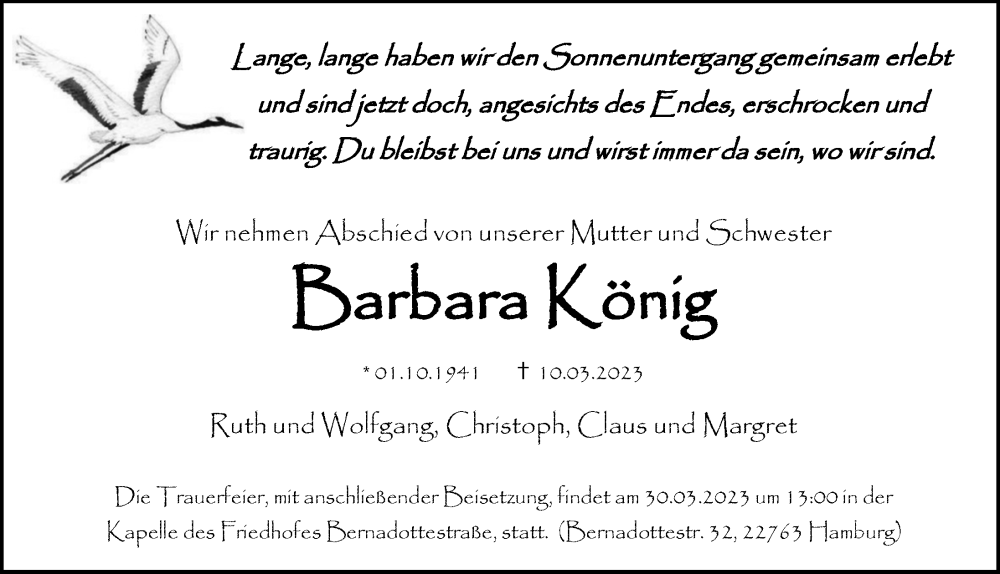  Traueranzeige für Barbara König vom 25.03.2023 aus Hamburger Abendblatt