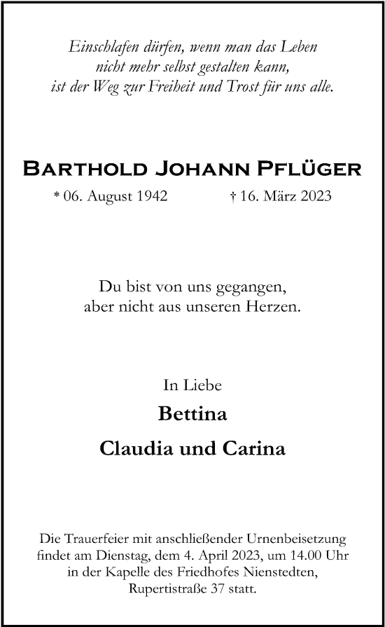 Traueranzeige von Barthold Johann von Hamburger Abendblatt