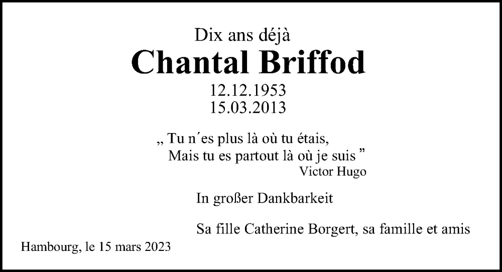  Traueranzeige für Chantal Briffod vom 15.03.2023 aus Hamburger Abendblatt