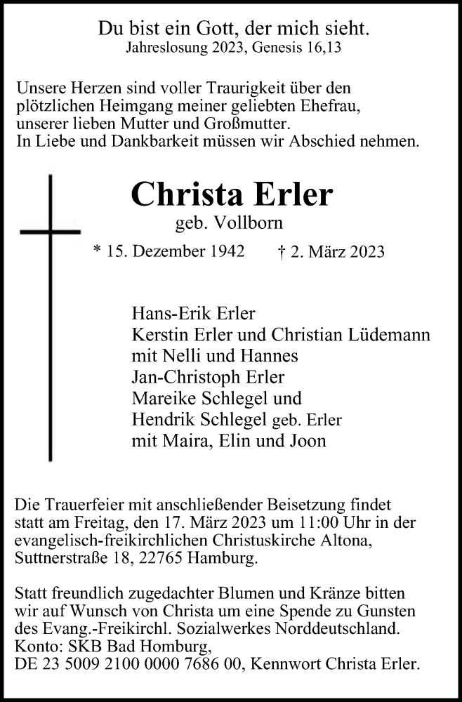  Traueranzeige für Christa Erler vom 11.03.2023 aus Hamburger Abendblatt