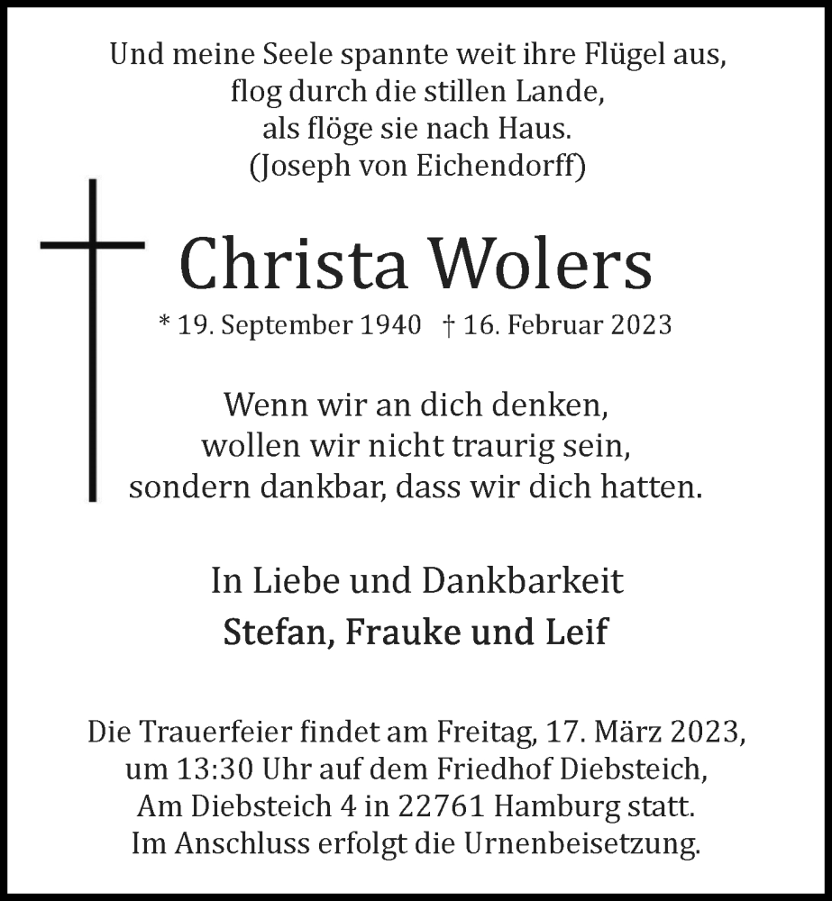  Traueranzeige für Christa Wolers vom 11.03.2023 aus Langenhorn