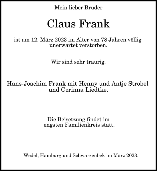 Traueranzeige von Claus Frank von Hamburger Abendblatt