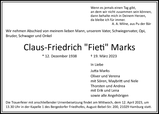 Traueranzeige von Claus-Friedrich Marks von Bergedorfer Zeitung