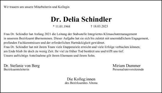 Traueranzeige von Delia Schindler von Hamburger Abendblatt